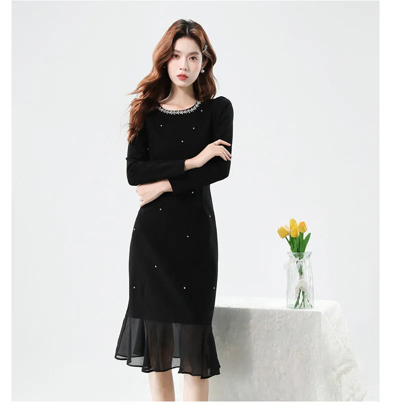 Fall Fashion Heavy Duty Rhinestone Splice Slimming Chiffon Mermaid Dress