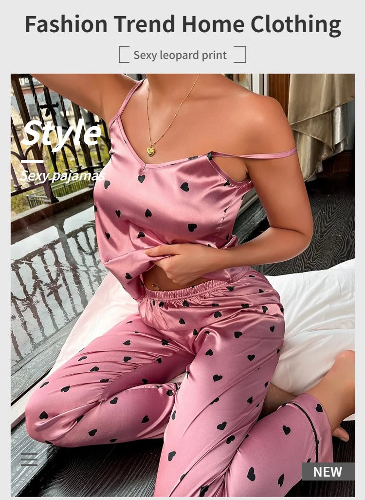 Women Satin Silk Pajamas Sets Letter Print Cami Vest Shirt
