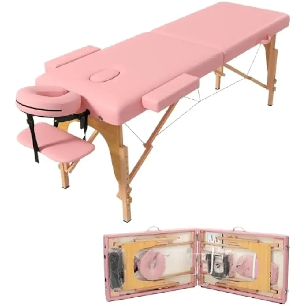 Massage Table, Portable 2 Section Foldable Tattoo Beds, Height Adjustable Light Weight Facial Salon Bed w/Face Cradle&Wood Frame