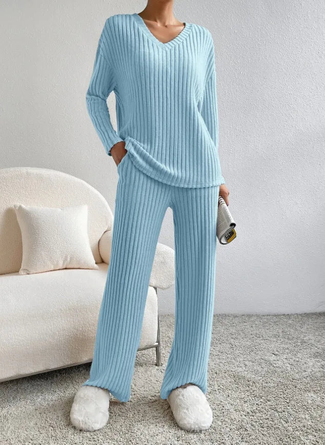 Solid Color Casual Loose Knitting Sets For Women Elegant Autumn Women's Two Pieces Suit Full Trouser Set Female Outfit Clothes