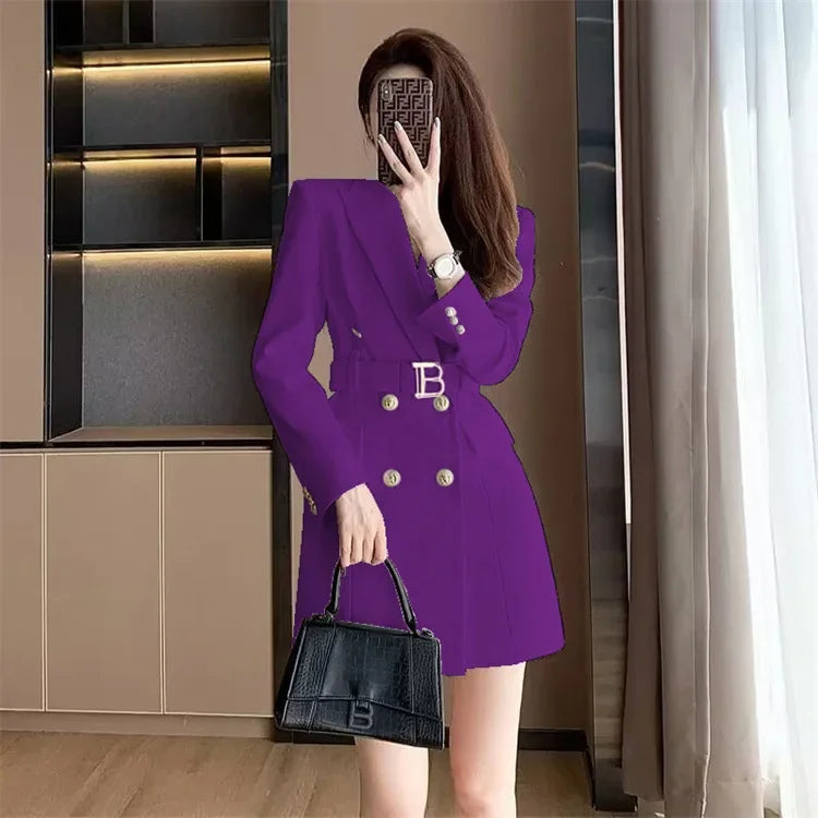 French Elegant Long Sleeve Suit Dress Waist-Cinching Short Size Professional Double-Buttoned Belted Coat