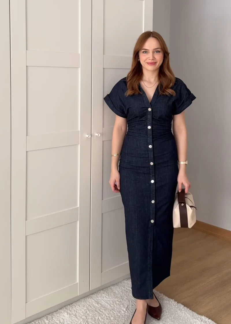 denim MIDI dress with lapel side zipper fashion wrinkle waist slim elegant dress