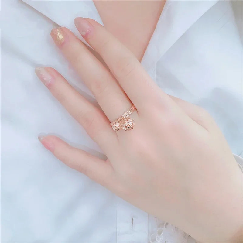 New in 585 Purple Gold Design Openwork Double Round Resizable Rings for Women 14K Rose Gold Simple Chinese Wedding Jewelry