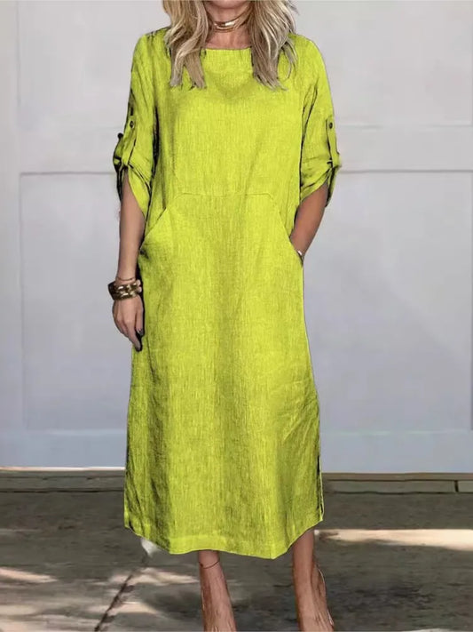 New Women's Clothing  Loose Casual Solid Color Short Sleeved Cotton Linen Fashionable Button With Pocket Dress
