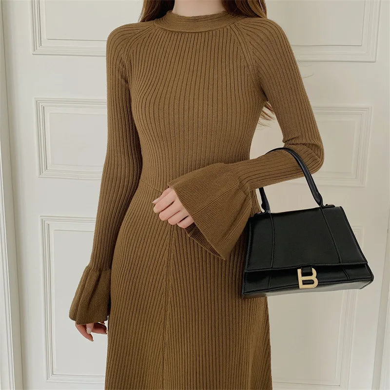 Elegant V-Neck Knitted Dress Slimming Long Skirt High Waist Bell Sleeve Unique Design Autumn Winter Women's Fashion Dress