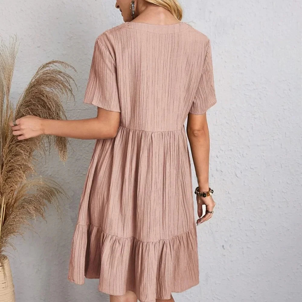 Women  Peplum Dresses Spring V-Neck Short Sleeve Loose Waist Ruffle Fit Flare Vocation Dresses