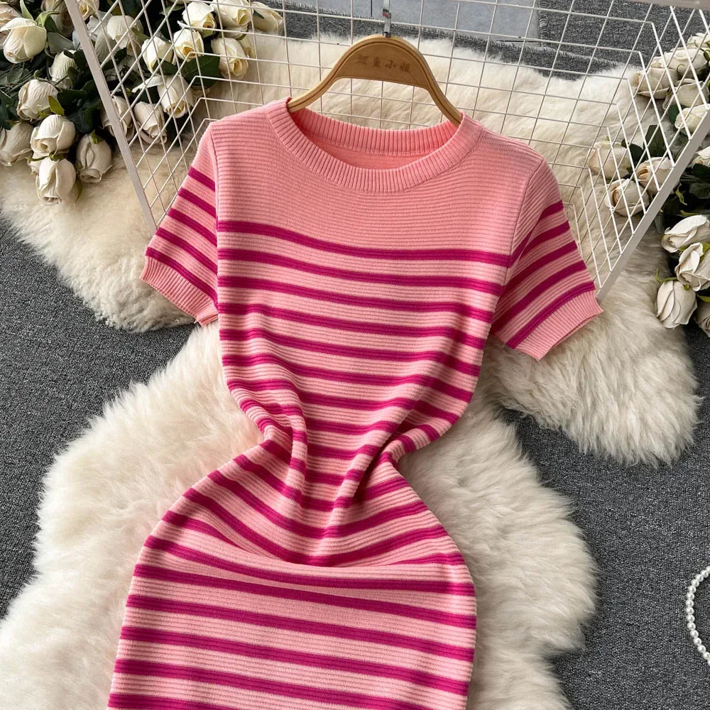Knitted Dress O Neck Short Sleeves Chic Hotsweet Slim Sundress Streetwear Y2K Bodycon Midi Dress