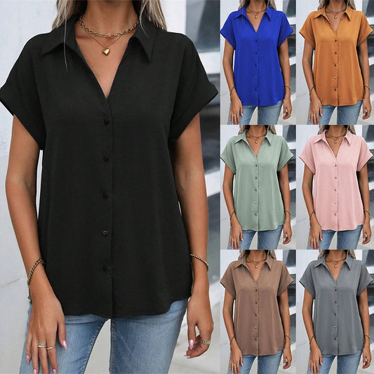 Classic Solid Color Short-sleeved Shirt Women's Summer New Casual Wind Tie Buckle Slim Short-sleeved Shirt Flip Collar Blouse