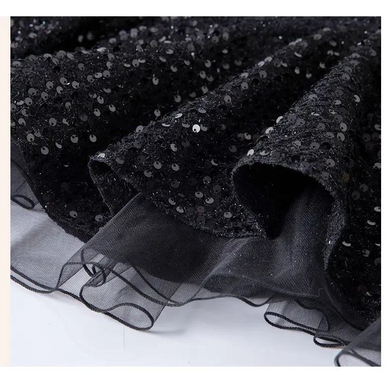 Autumn New Fashion Office Lady Mini Dress Elegant O-Neck Lantern Sleeve High Waist Sequined Lace Slim A-Line Party