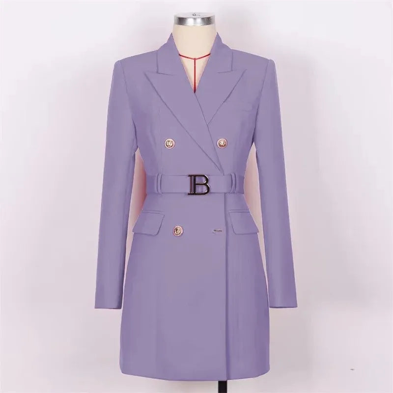 French Elegant Long Sleeve Suit Dress Waist-Cinching Short Size Professional Double-Buttoned Belted Coat
