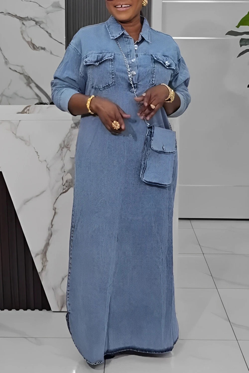 Plus Size Casual Light Blue Shirt Collar Long Sleeve Button Pocket Tencel Denim Maxi Dresses
