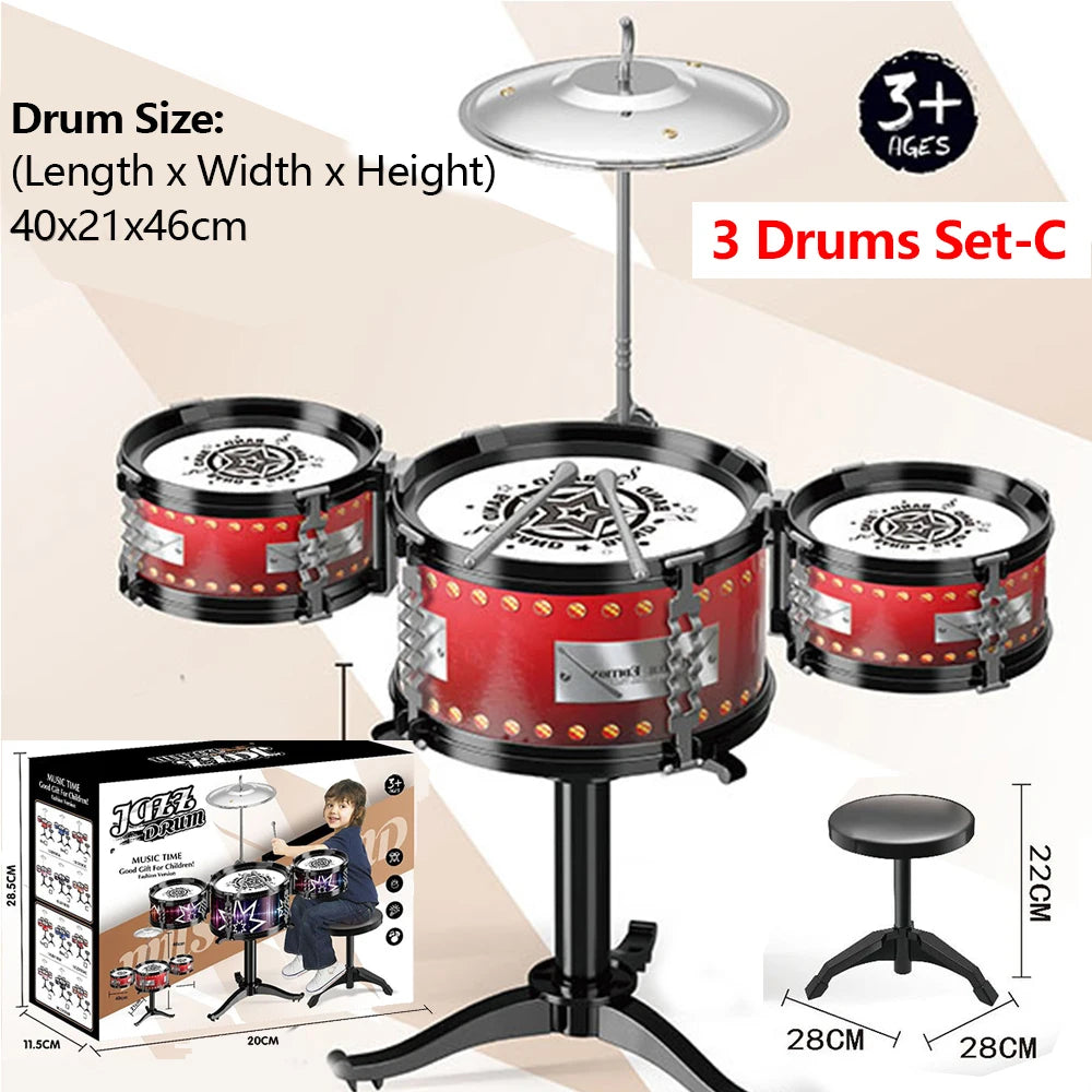 Jazz Drum Set for Kids 3 Drums / 5 Drums with Small Stool Drum Stick Set Music Instrument Educational Toys for Beginners Gifts