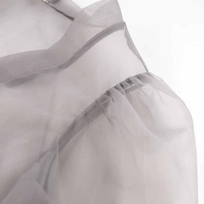 2023 Spring Summer Women Elegant Long Sleeve Solid Grey Mesh Shirt Ladies Sheer Chiffon Blouse For Woman Female