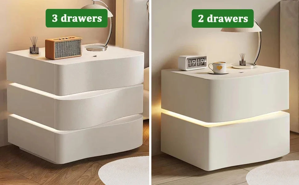 Modern Nightstand with LED Light, Leather Night Stand with Drawer, Solid Wood Bedside Table (2 Drawers, White)