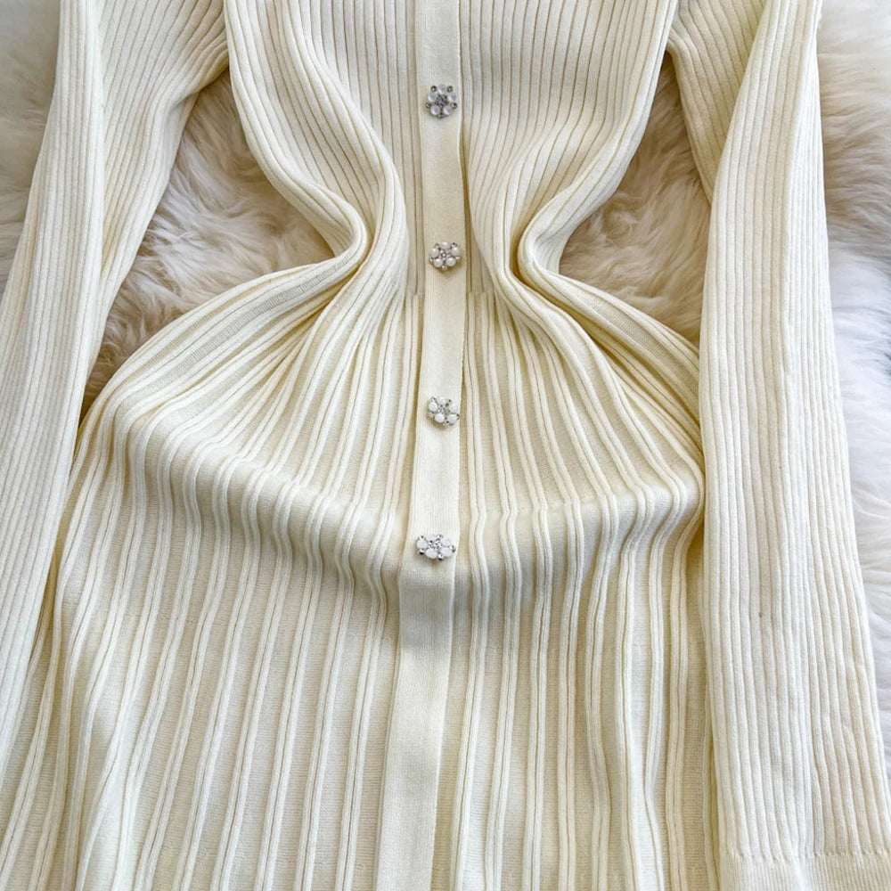 YuooMuoo Autumn Winter Women Knitted Long Dress Brand Fashion V-neck Slim Waist Pleated Sweater Dress Lady Office