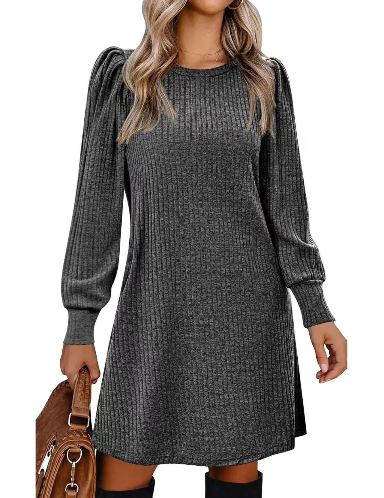 Fashionable women's knitted puffed-sleeve long-sleeved autumn and winter round-neck casual loose dress with pockets