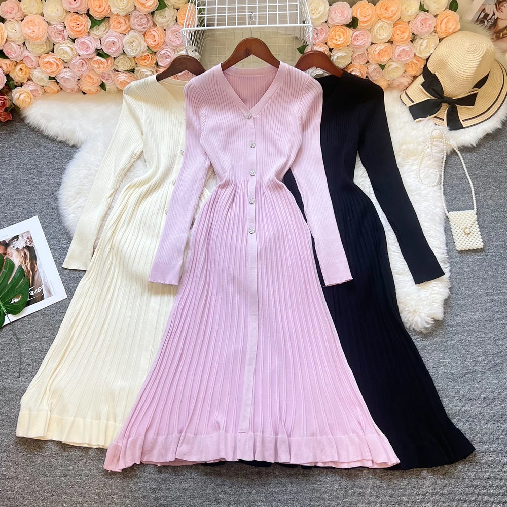 YuooMuoo Autumn Winter Women Knitted Long Dress Brand Fashion V-neck Slim Waist Pleated Sweater Dress Lady Office