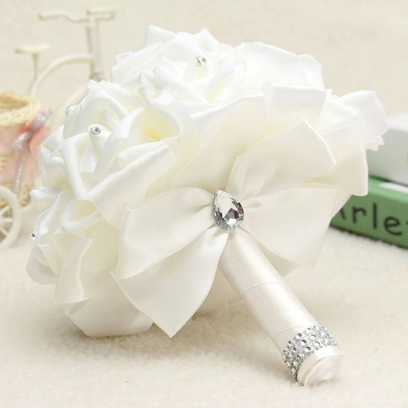 1Pc Rose Bouquet Bridal Wedding PE Foam Flower Ribbon Wedding Simulation Bouquet With Faux Crystal for Party Church Decor