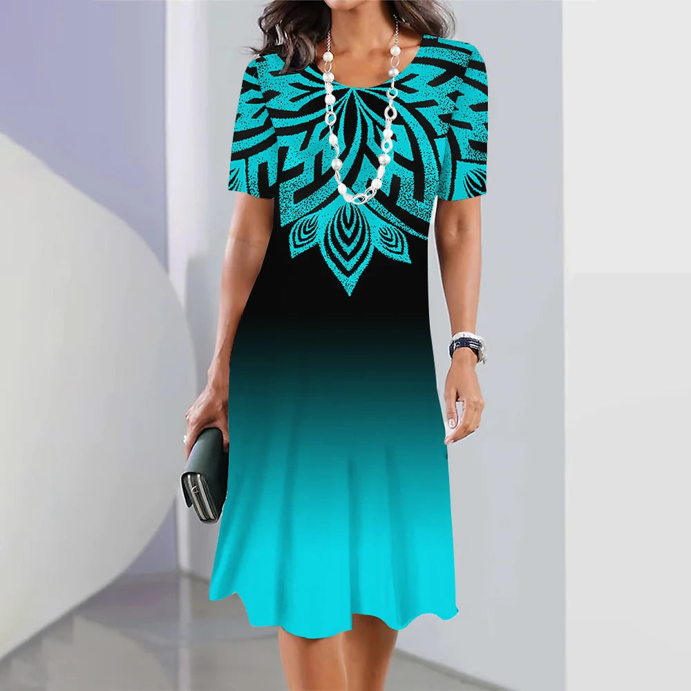 New Women's Dresses Striped Printed Elegant Casual O Neck Short Sleeve  Dresses Fashion Ladies Plus Size Clothing