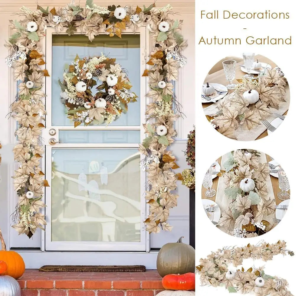 Fall Garland Autumn Maples Leaf Pumpkin Berry Garland Thanksgiving Halloween Home Mantle Fireplace Decorations Hanging Supplies