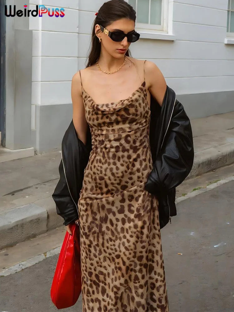 Weird Puss Leopard Print Dress Woman Summer Sexy Swing Collar Spaghetti Straps Backless Ruffles Party Clubwear Skinny