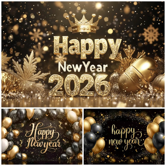 Happy New Year 2026 Photography Backdrop Luxury Golden Glitter Balloon Crown Family Portrait Celebration Shoot Decor Backgrounds