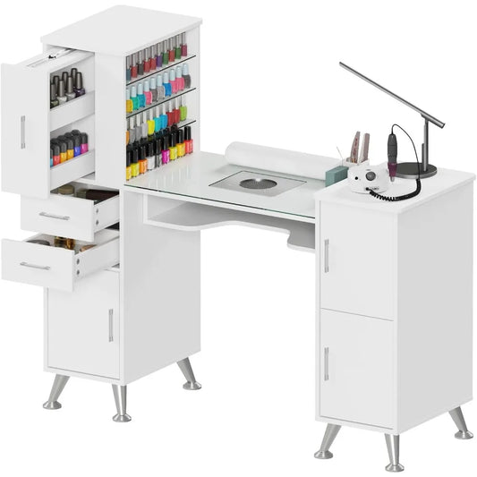 Manicure Table Nail Station w/Glass Top, Dust Collector, 4 Dust Bags, Storage Drawers & Cabinets, Nail Desk Beauty Salon Worksta