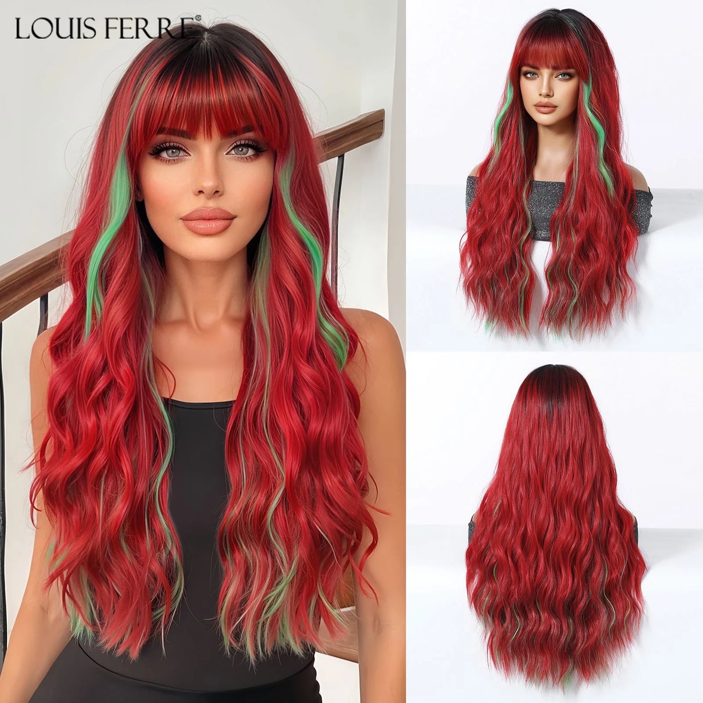 LOUIS FERRE Brown Blonde Highlights Wigs For Women Daily Long Wavy Curly Synthetic Wigs Natural Heat Resistant Hair With Bangs