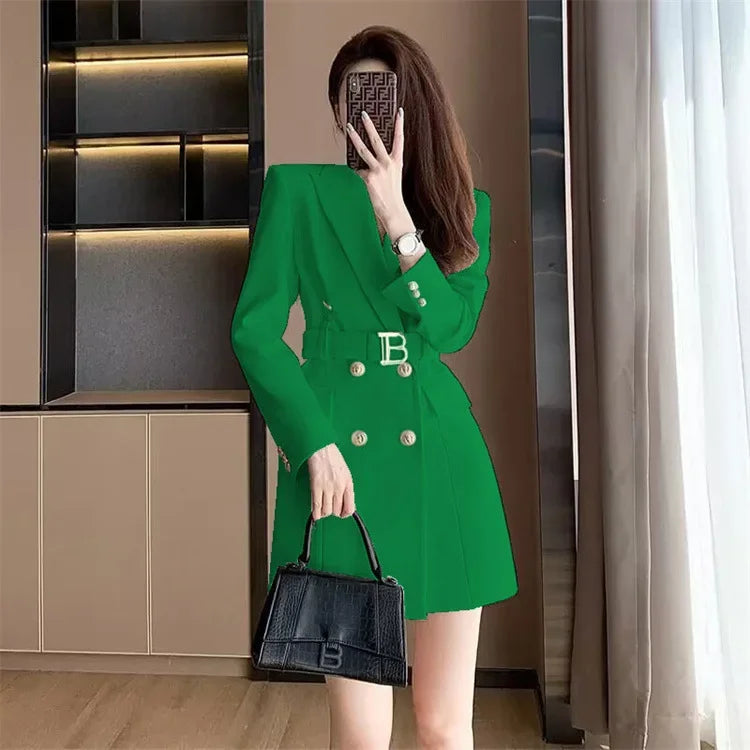 French Elegant Long Sleeve Suit Dress Waist-Cinching Short Size Professional Double-Buttoned Belted Coat