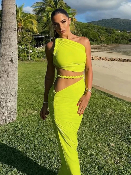 Nibber Temperament Beach Vacation 2 Piece Set Women Irregular Skew Collar Bandage Backless Tops+Ruched Skirts Summer Trend Suit