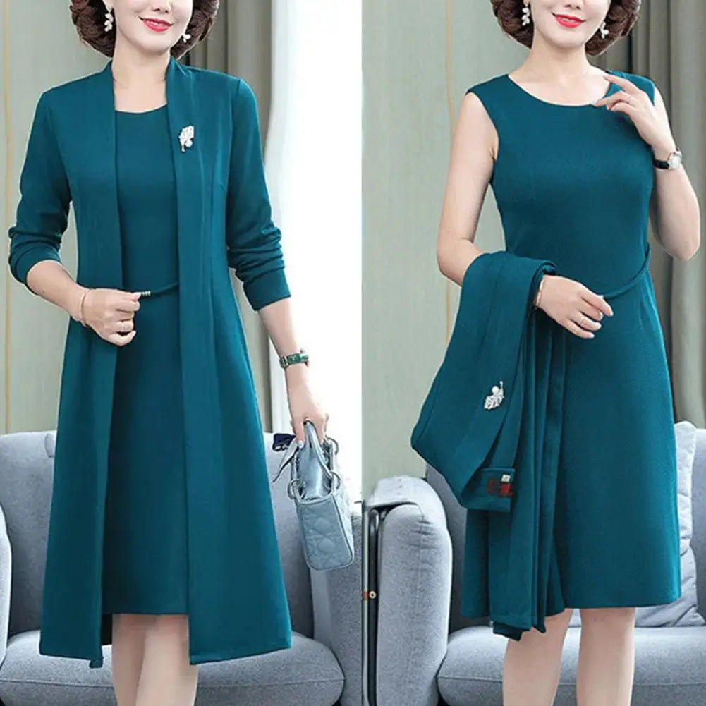 Women Dress Coat Suit Elegant Long Coat Dress Set Middle-age Women Formal Suit Set Long Cardigan O Neck Sleeveless Dress