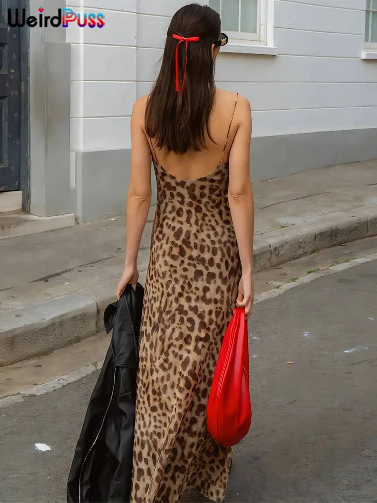 Weird Puss Leopard Print Dress Woman Summer Sexy Swing Collar Spaghetti Straps Backless Ruffles Party Clubwear Skinny