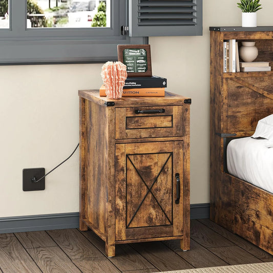 Vabches Nightstand with Drawer&Storage Cabinet Farmhouse Night Stand with Power Outlet Wood End Table Bedside Table for Bedroom