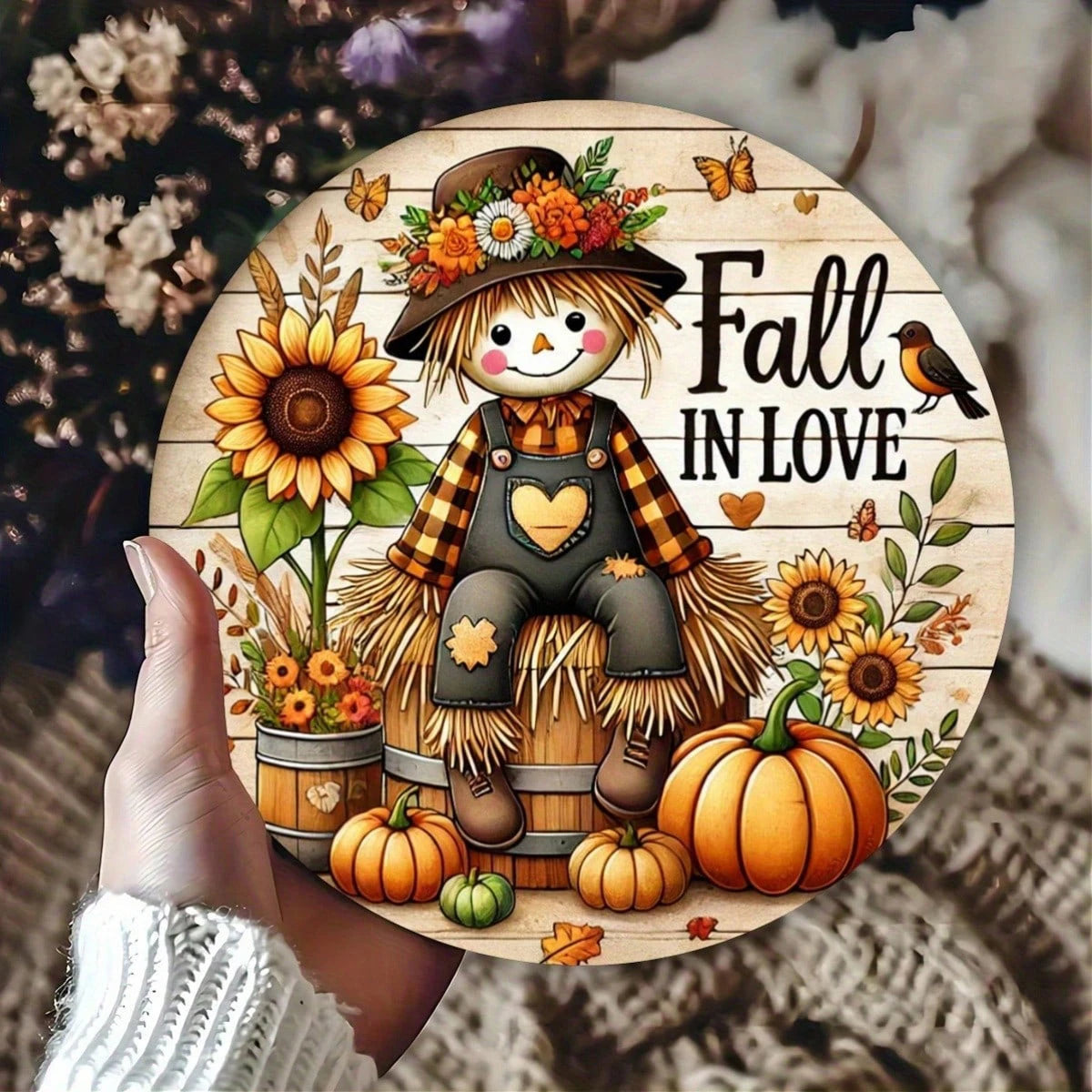 Rustic Fall Harvest Round wooden board Sign, 2D Pumpkin & Scarecrow Themed Decor, Wall, Home, Room, Garage, Garden, Cafe Decor