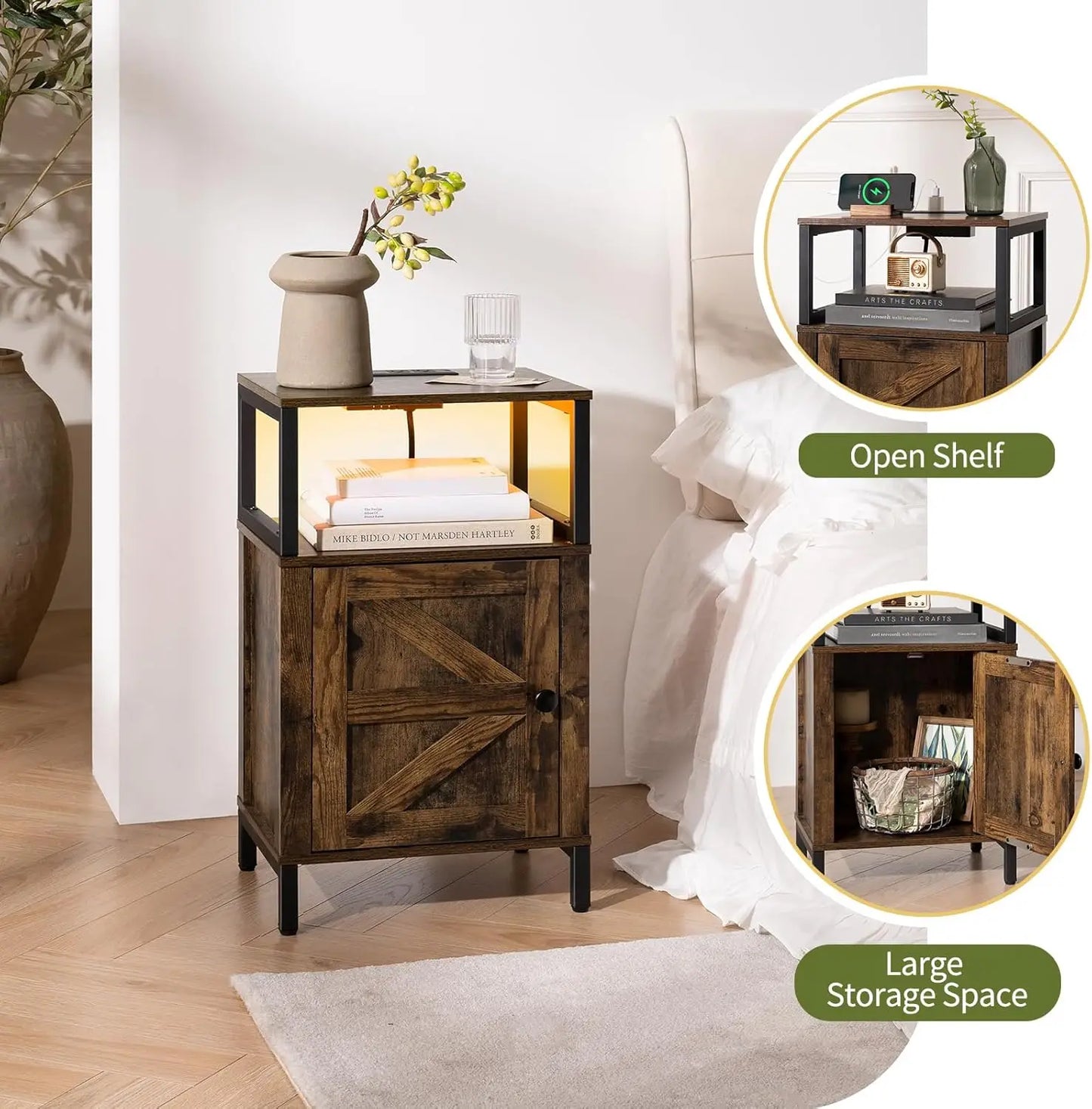 Farmhouse Nightstand with Charging Station, Wood Night Stand End Table with USB Ports, LED Bed Side Table with Storage Cabinet,