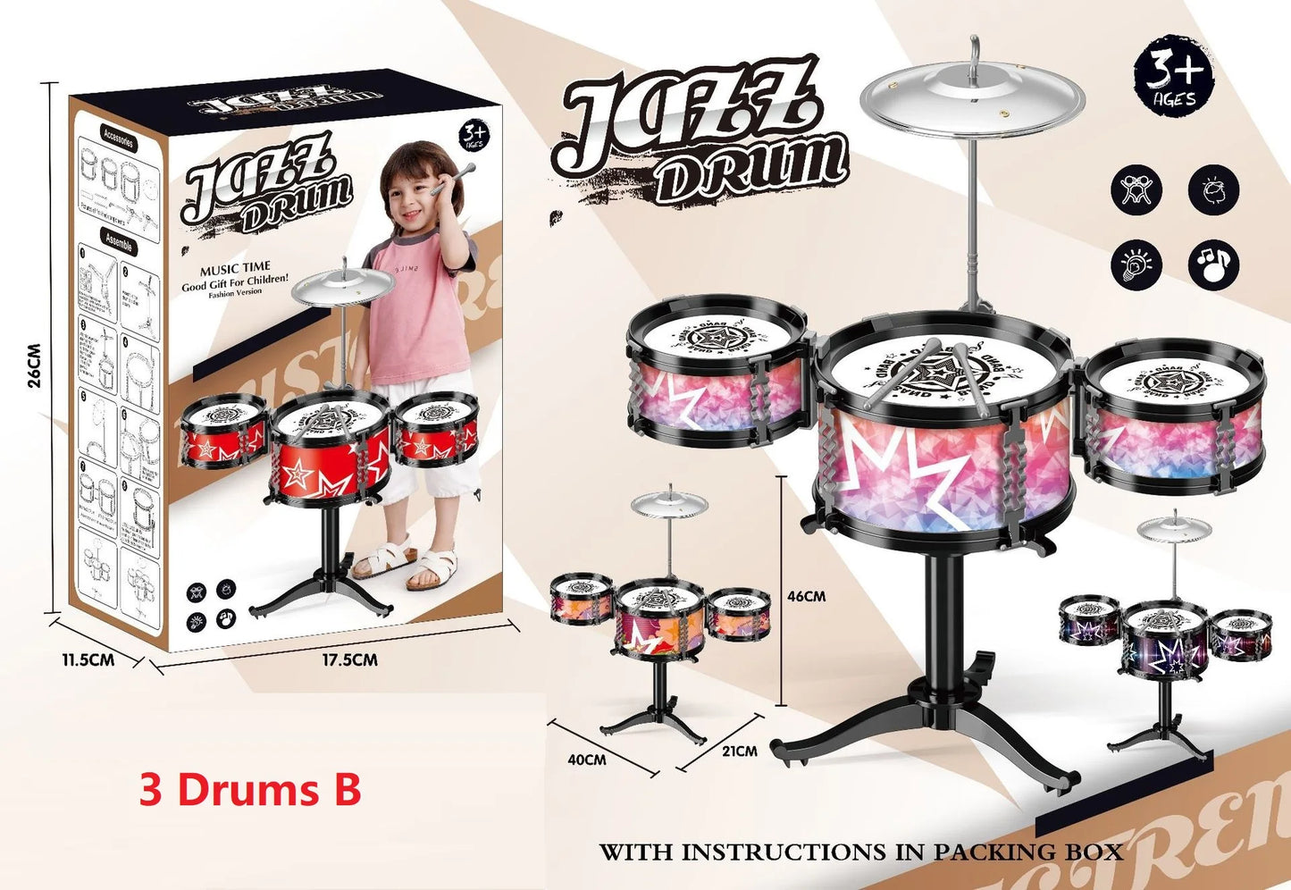Jazz Drum Set for Kids 3 Drums / 5 Drums with Small Stool Drum Stick Set Music Instrument Educational Toys for Beginners Gifts