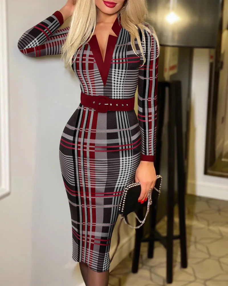 Geo Print Slim Fit Dress Elegant High Waist Slit Midi Dress, Women