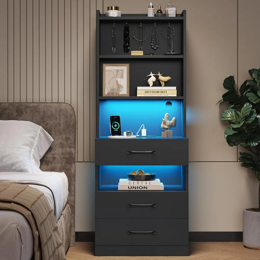 Tall Nightstand with Charging Station and LED Lights, Large Black Night Stand with Bookshelf, Modern LED Bedside Table with 3 D