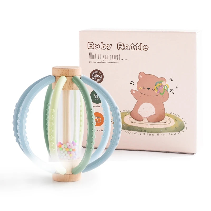 Baby Rattle Toy Wooden Rain Drum With Silicone Baby Sensory Touch Toy Newborn Dental Care Gum Anti-eating Hand Molar Stick Gif