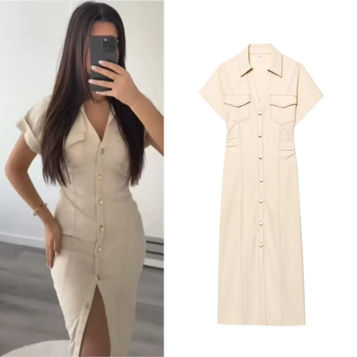 denim MIDI dress with lapel side zipper fashion wrinkle waist slim elegant dress