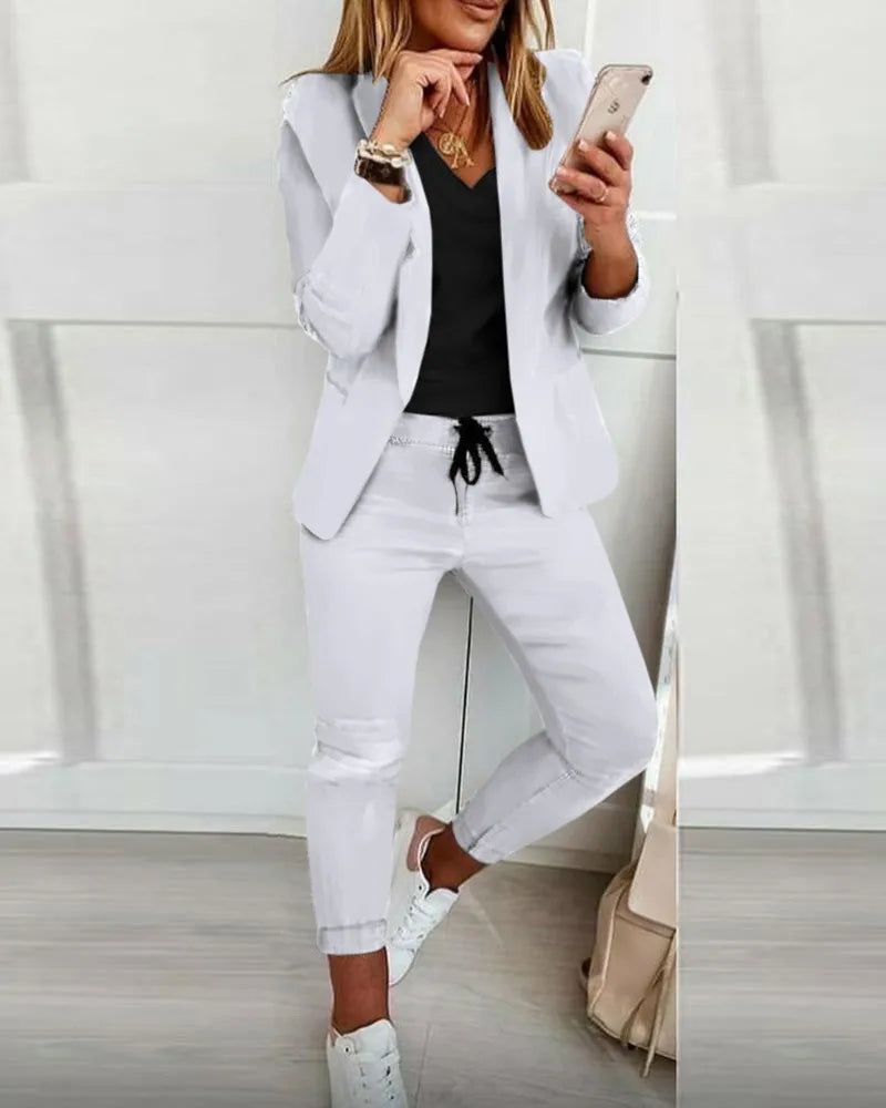 2024 New European and American Leisure Solid Color Commuting Fashion Leisure Set, Suit and Women's Wear Set