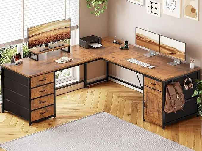 L Shaped Desk, 63" Computer Desk with 5 Drawer & Power Outlet, Long Home Office Desk or Corner Desk, L Shaped Corner Desk with