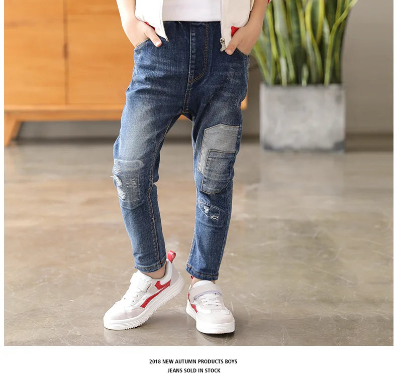 3-14yrs Kids Blue Patchwork Jeans for Fashion boys 4 5 6 7 8 10 12 14 Years Old