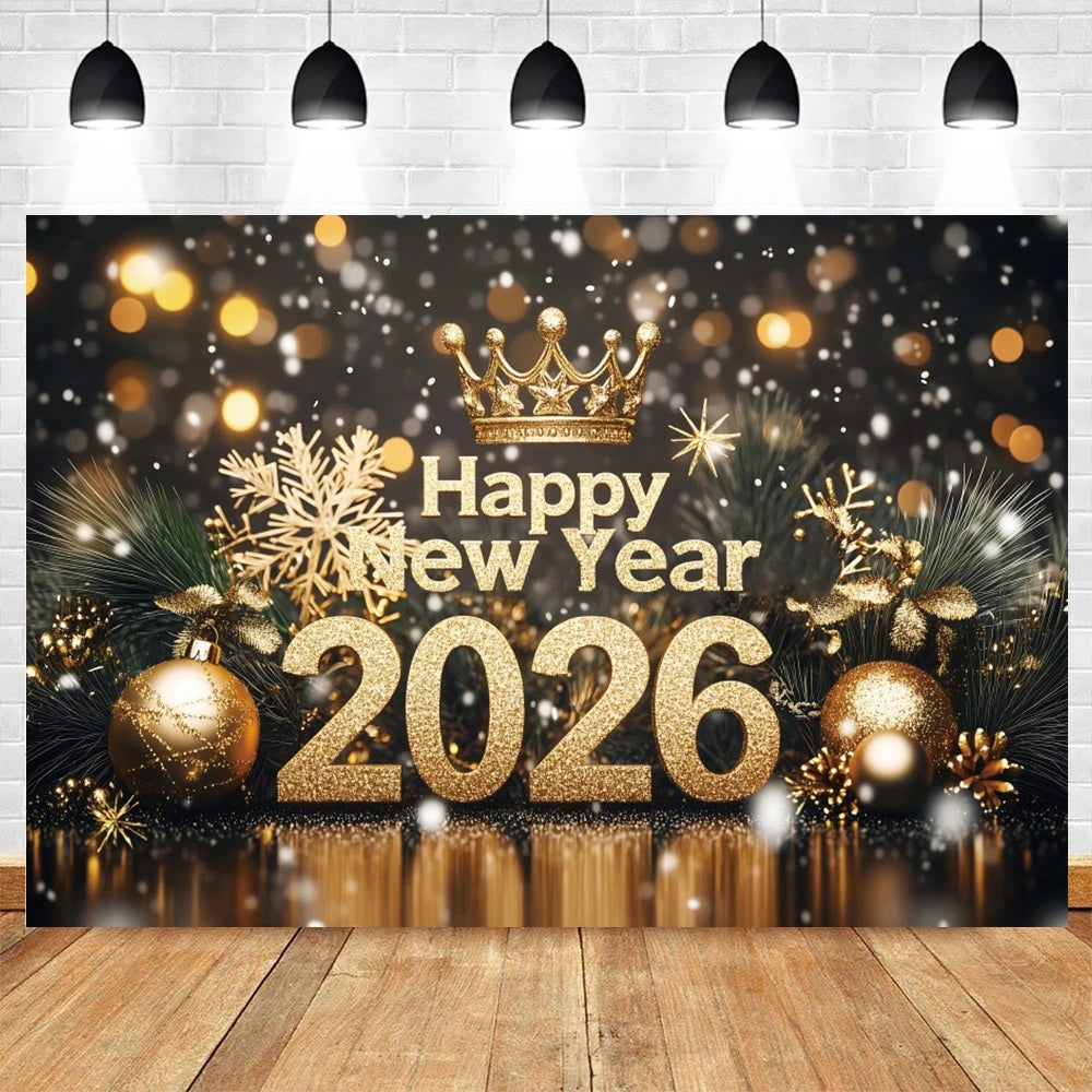 Happy New Year 2026 Photography Backdrop Luxury Golden Glitter Balloon Crown Family Portrait Celebration Shoot Decor Backgrounds