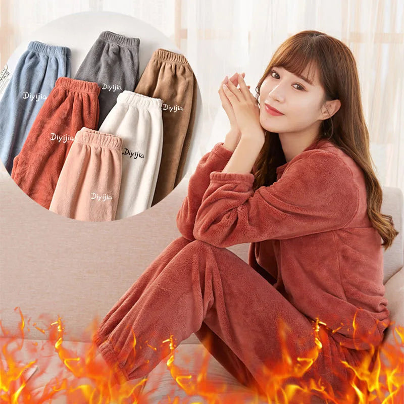 Warm Coral Fleece Pants Set Women's Loose Comfortable Home Wear Outerwear Versatile Lazy Girl Style Long Sleeve Cartoon Print