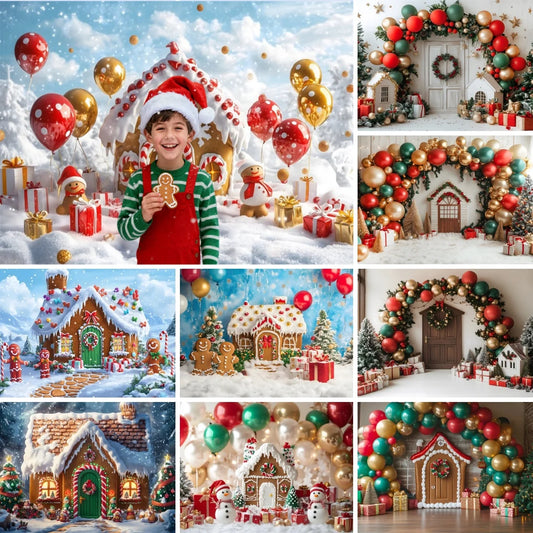 Christmas Photography Backdrops Balloons Arch Gingerbread House Xmas Trees Wreath Gifts Kids Christmas Portrait Photo Background