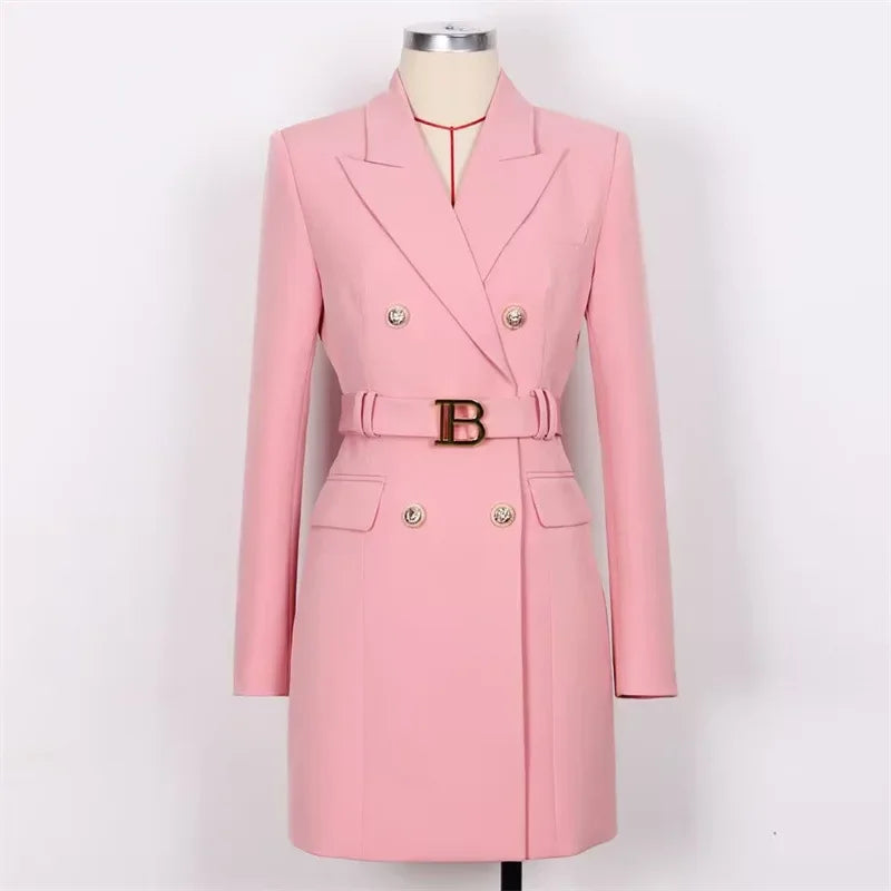 French Elegant Long Sleeve Suit Dress Waist-Cinching Short Size Professional Double-Buttoned Belted Coat