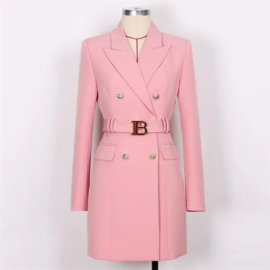 French Elegant Long Sleeve Suit Dress Waist-Cinching Short Size Professional Double-Buttoned Belted Coat