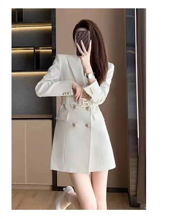 French Elegant Long Sleeve Suit Dress Waist-Cinching Short Size Professional Double-Buttoned Belted Coat
