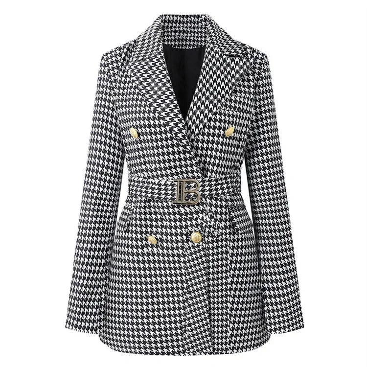 French Elegant Long Sleeve Suit Dress Waist-Cinching Short Size Professional Double-Buttoned Belted Coat